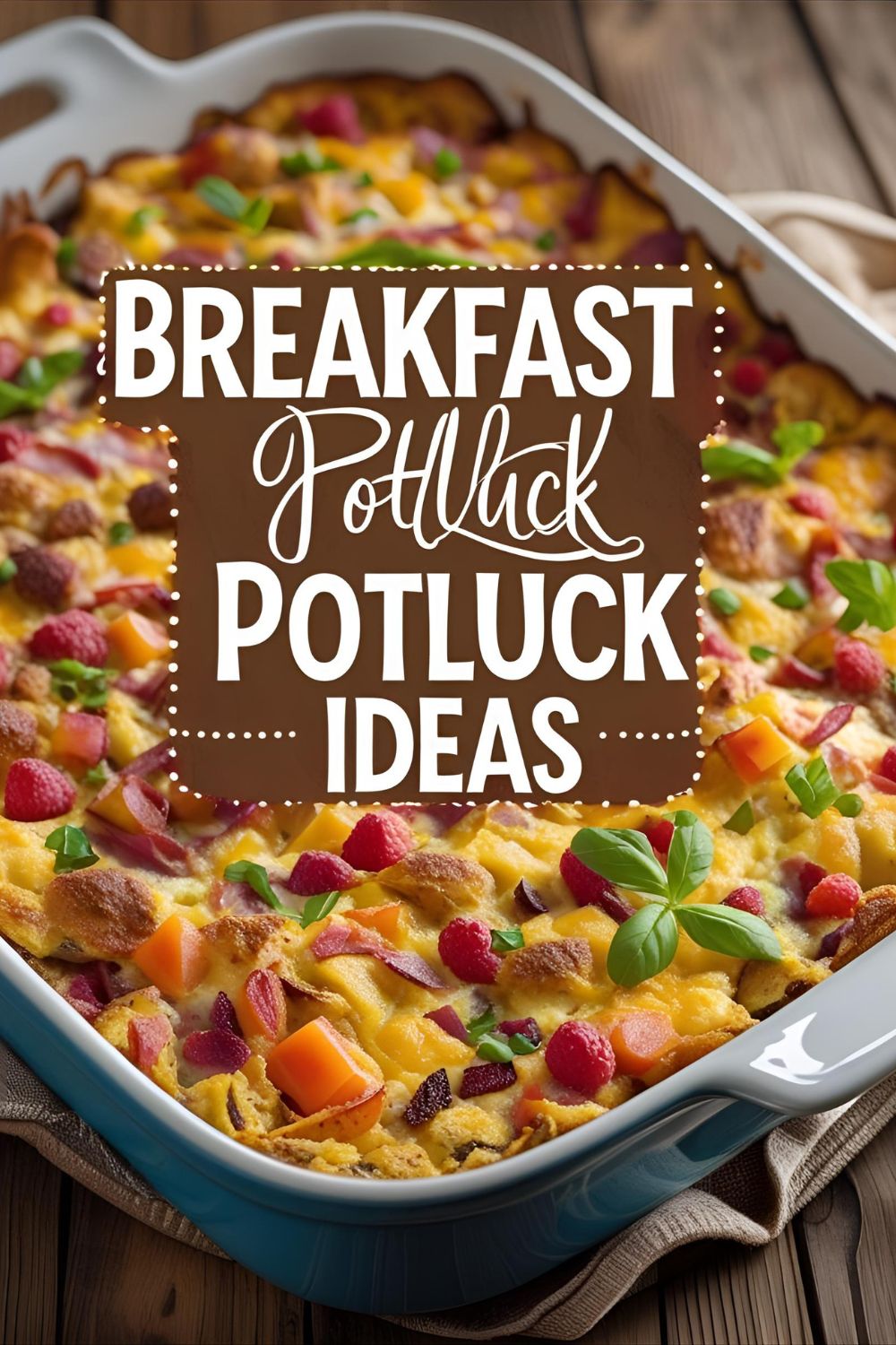 Make‑ahead breakfast casserole in baking dish with melted cheese and peppers