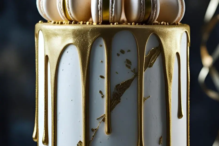 An elegant white and gold drip cake with the text overlay "The Ultimate Cake 18th Birthday"