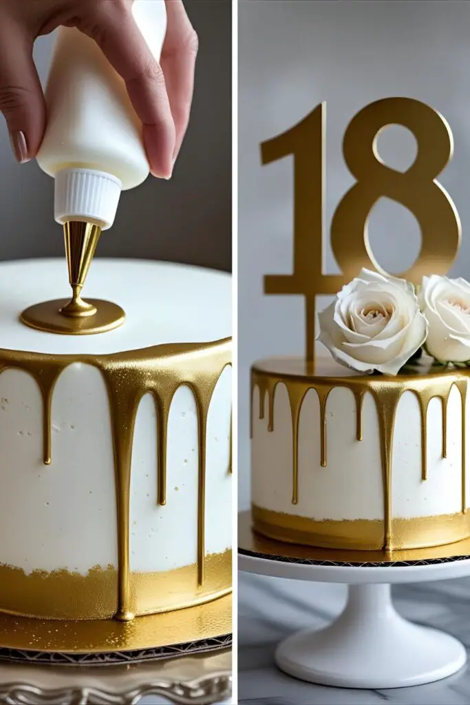Two images showing the process of applying a gold drip and the finished 18th birthday cake with a number topper and flowers.