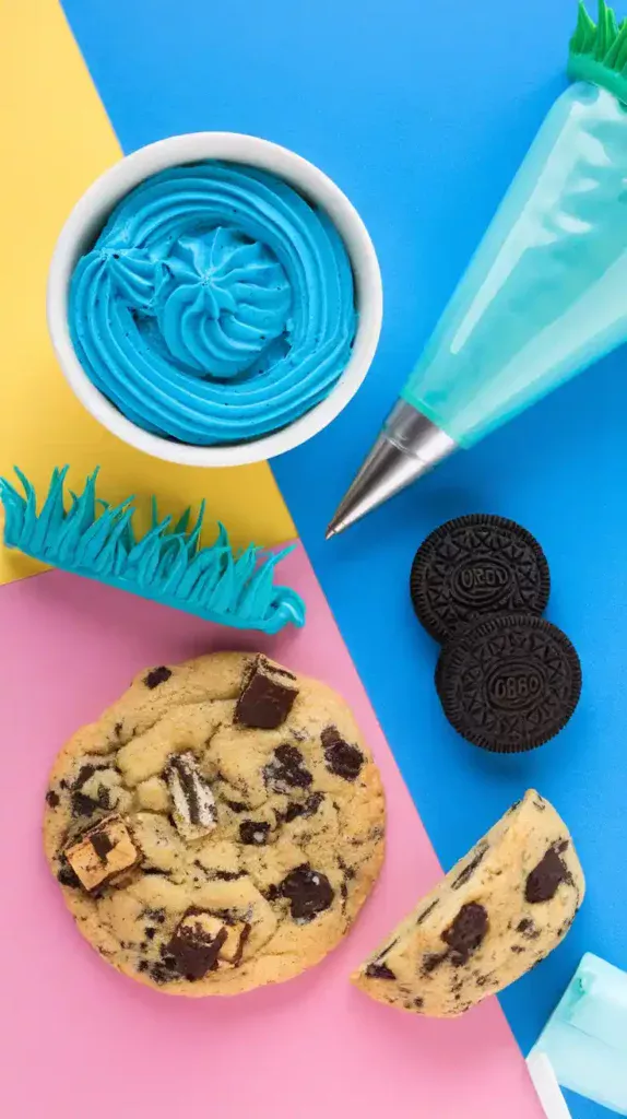  A collage of decorating supplies for a Cookie Monster cake, including blue frosting, a grass tip, and cookies.


