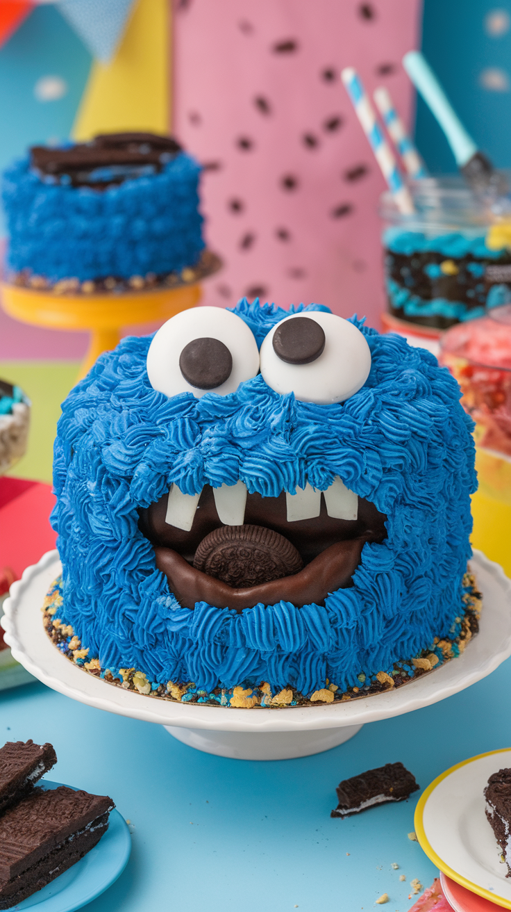 A fun, furry blue Cookie Monster cake with a cookie in its mouth and the text overlay "The Ultimate Cookie Monster Cake Tutorial!".