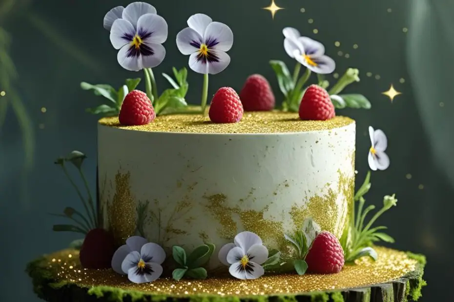 An enchanting fairy birthday cake decorated with edible flowers and berries, with the text overlay "The Only Fairy Birthday Cake Guide You Need".