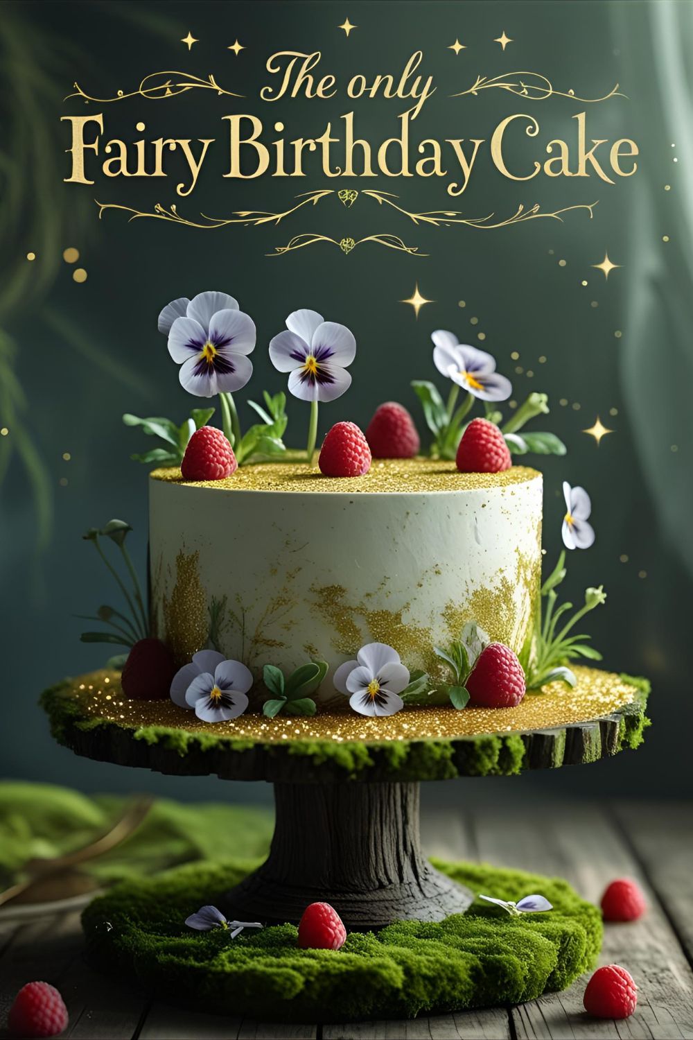 An enchanting fairy birthday cake decorated with edible flowers and berries, with the text overlay "The Only Fairy Birthday Cake Guide You Need".