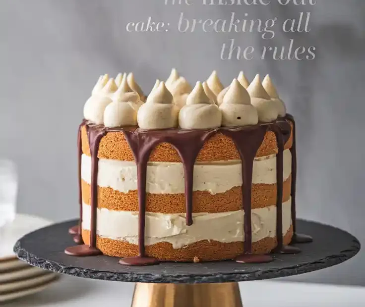 A modern deconstructed Boston Cream Pie, known as an inside out cake, with a text overlay.