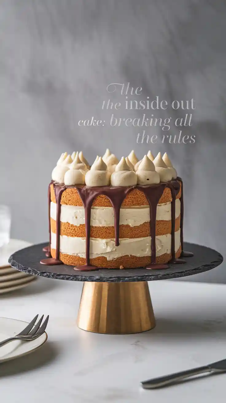 A modern deconstructed Boston Cream Pie, known as an inside out cake, with a text overlay.