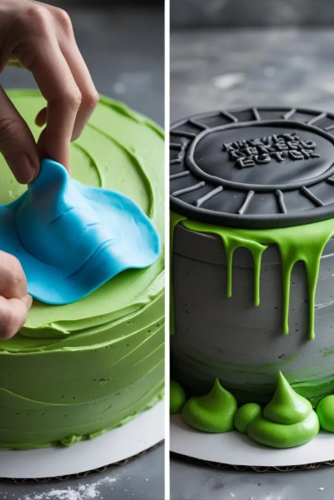 Two images showing the process of applying the mask to a Ninja Turtle cake and a finished sewer lid cake variant.