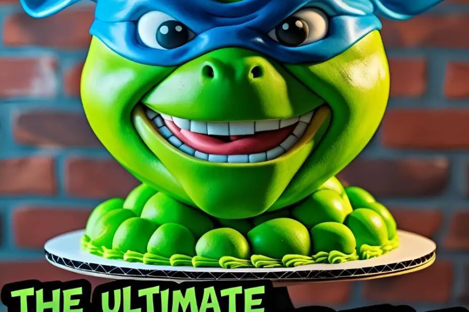 A fun green birthday cake decorated to look like a Ninja Turtle with a blue mask, with the text overlay "The Ultimate Ninja Turtle Cake Guide