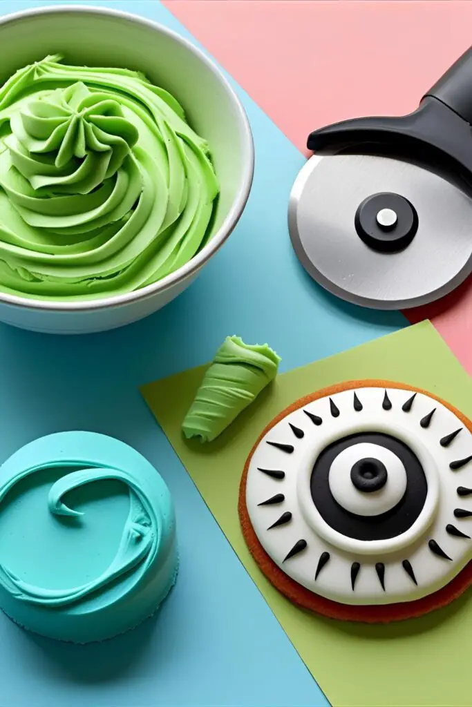A collage of decorating supplies for a Ninja Turtle cake, including green frosting, blue fondant, and a pizza cutter.