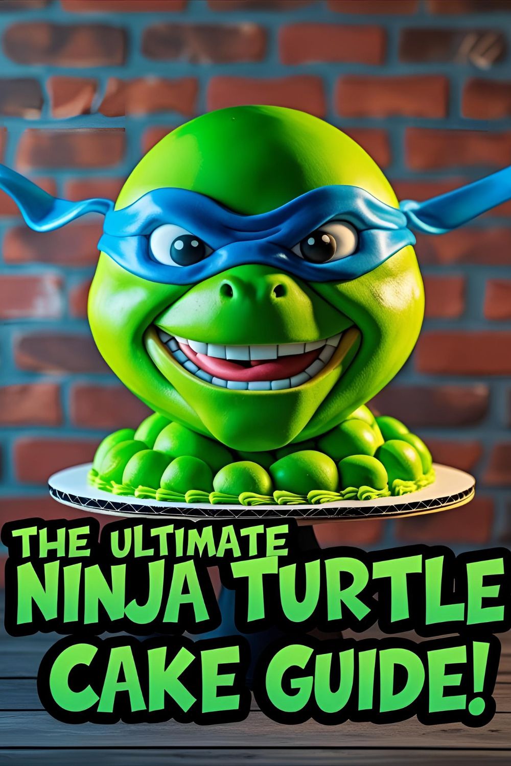 A fun green birthday cake decorated to look like a Ninja Turtle with a blue mask, with the text overlay "The Ultimate Ninja Turtle Cake Guide
