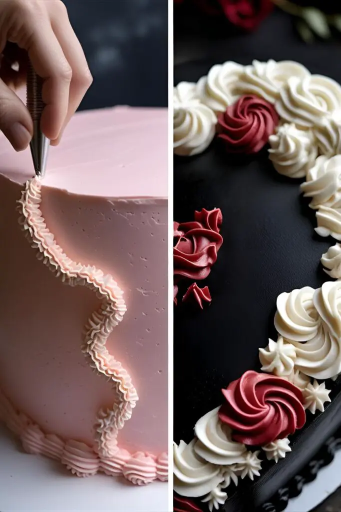 Two images showing the process of piping a vintage cake and a finished gothic black and red variant.