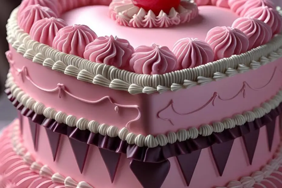 An elaborate heart-shaped pink vintage cake with intricate piping and the text overlay "The Pink Vintage Cake: Be a Little Extra".