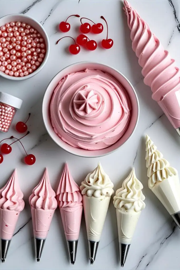 A collage of tools for decorating a pink vintage cake, including piping bags, tips, and edible pearls.