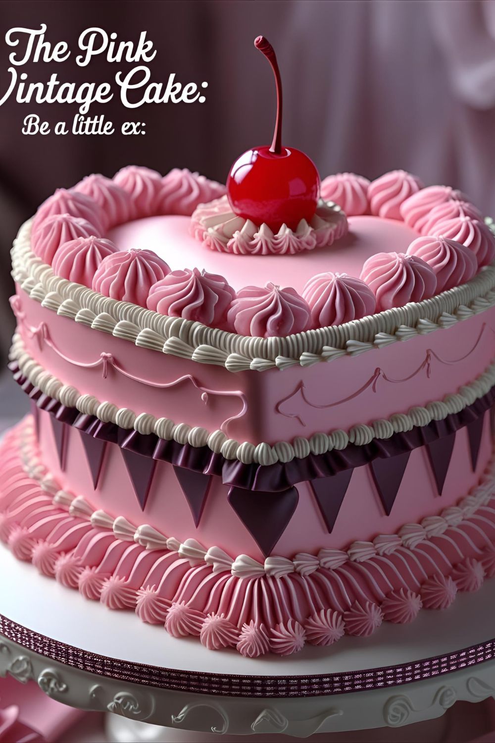 An elaborate heart-shaped pink vintage cake with intricate piping and the text overlay "The Pink Vintage Cake: Be a Little Extra".