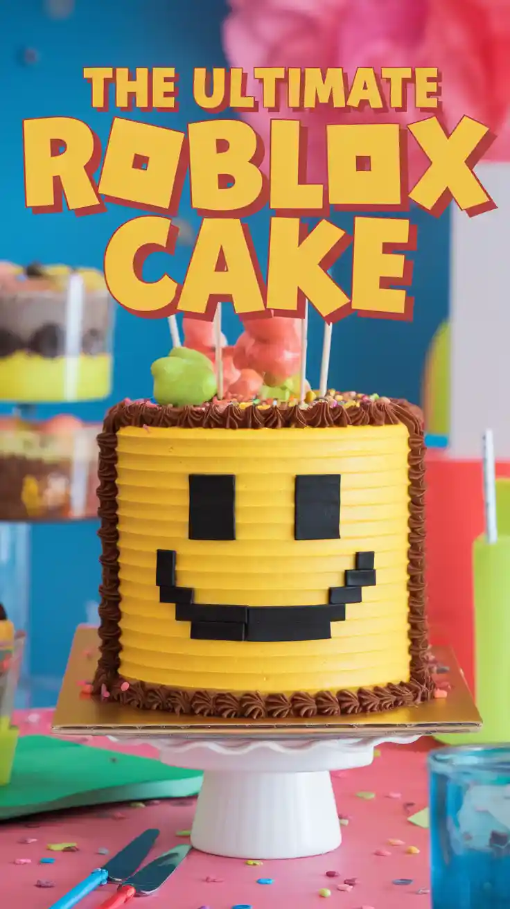 A fun yellow cake decorated like a Roblox Noob face with the text overlay "The Ultimate Roblox Cake Tutorial!".