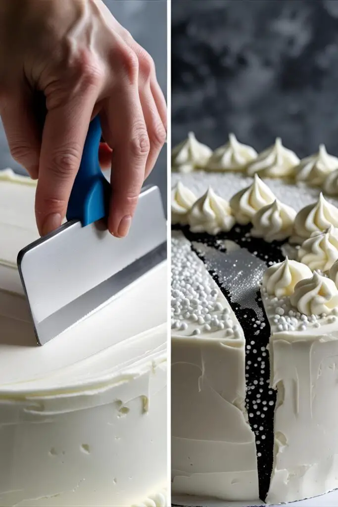 Two images showing the process of creating a sharp edge on a white cake and a finished white fault line cake design.