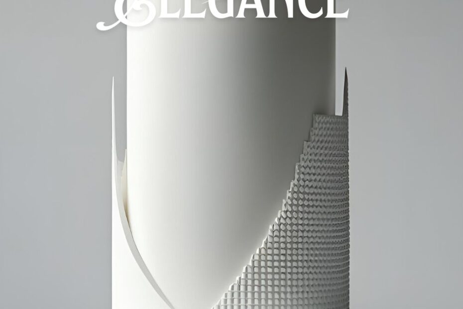 An elegant, minimalist white cake with a textured design and the text overlay "White Cake Design: The Art of Elegance".