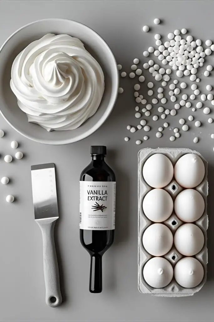 A collage of ingredients and tools for creating a white cake design, including white buttercream, egg whites, and a bench scraper.
