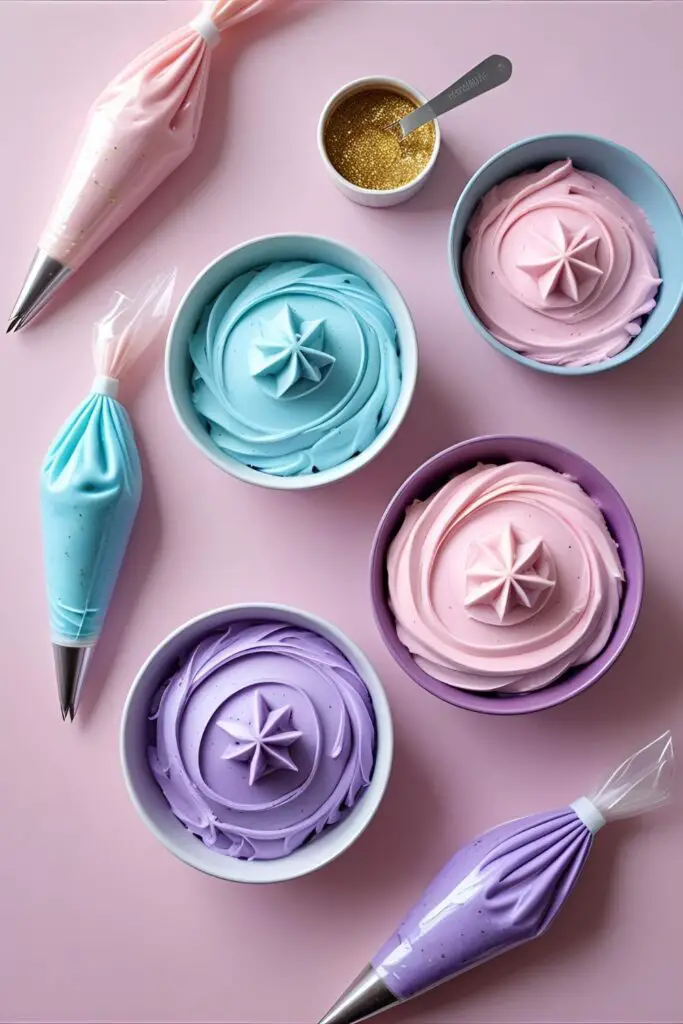 A collage of cake decorating supplies for a unicorn cake, including bowls of pastel buttercream, piping bags, and gold luster dust.