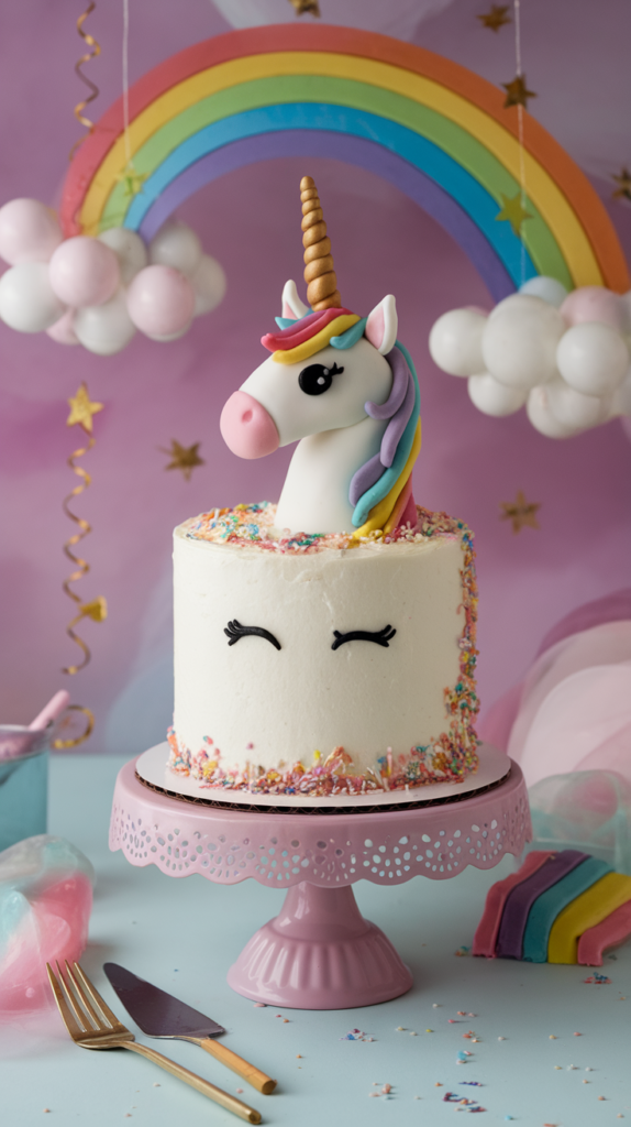 A full view of the finished unicorn cake, with a detailed close-up showing the texture and colors of the piped buttercream mane.