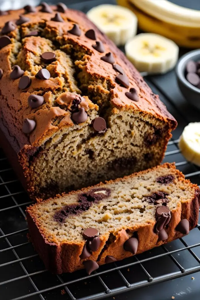 Close-up of vegan banana bread slice with crumb texture