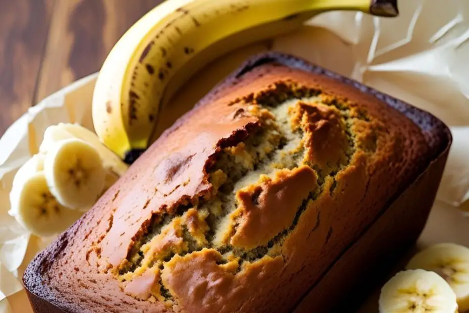 Sliced vegan banana bread on wooden board with bananas