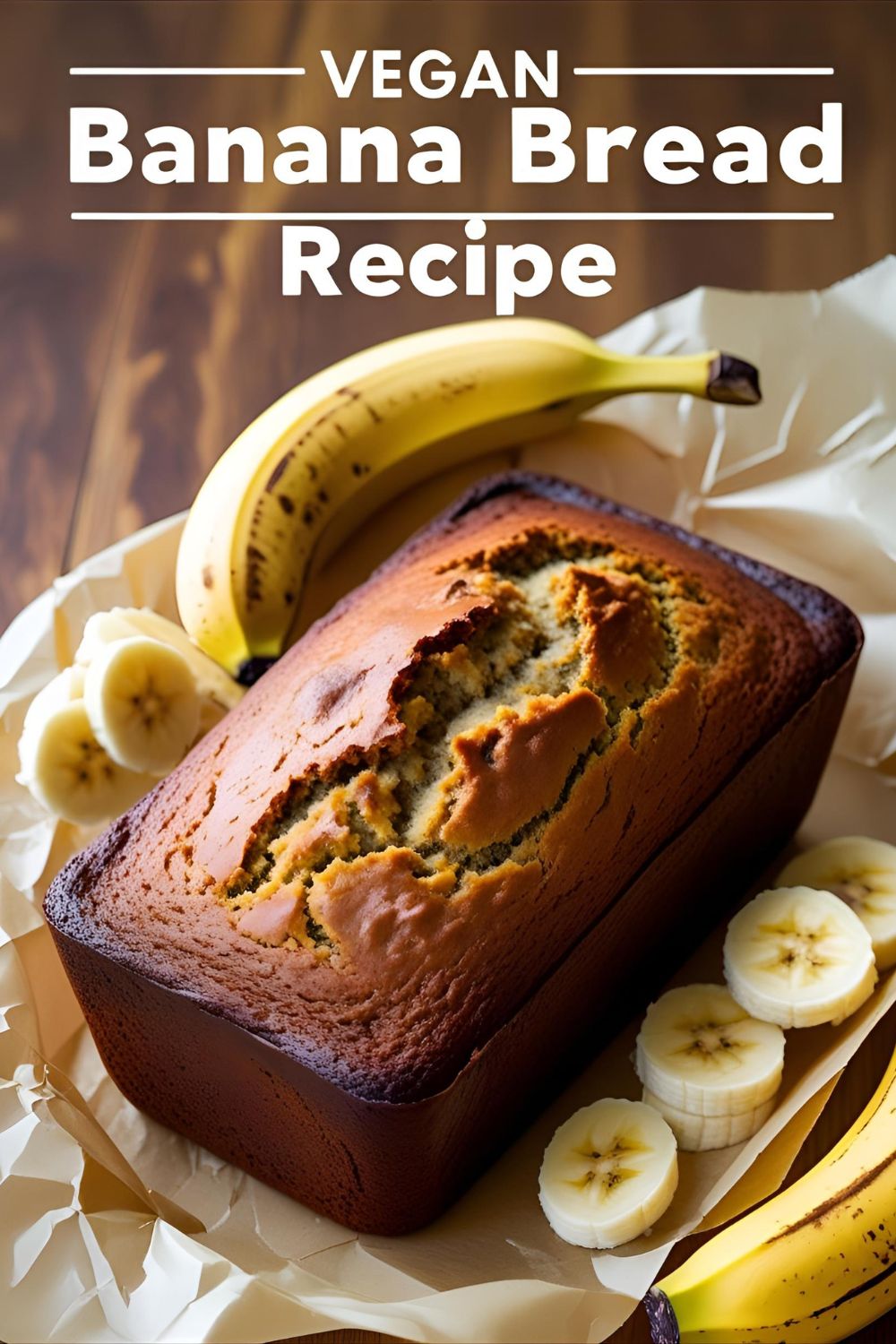 Sliced vegan banana bread on wooden board with bananas