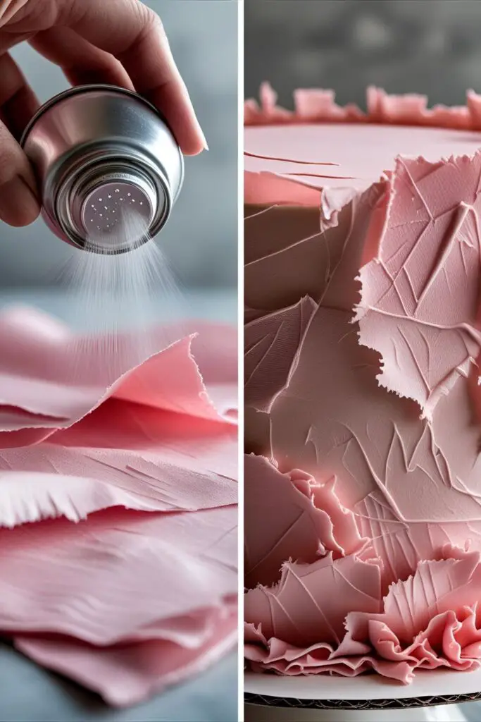 Two images showing the process of conditioning wafer paper and a finished cake with a pink wafer paper wrap design.