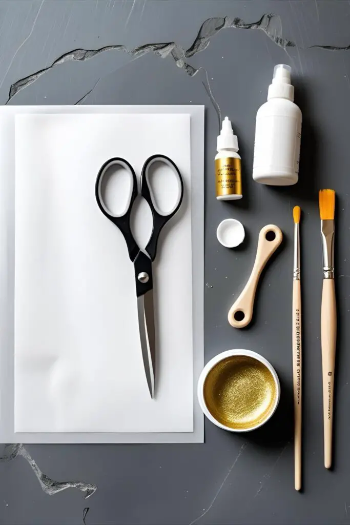 A collage of tools for creating wafer paper decorations, including wafer paper, a spray bottle, and luster dust.