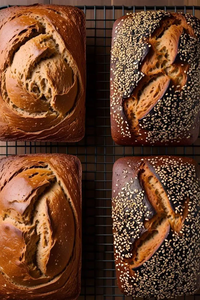 Close-up of whole wheat bread slice on cooling rack, showing nutty crumb and golden crust.