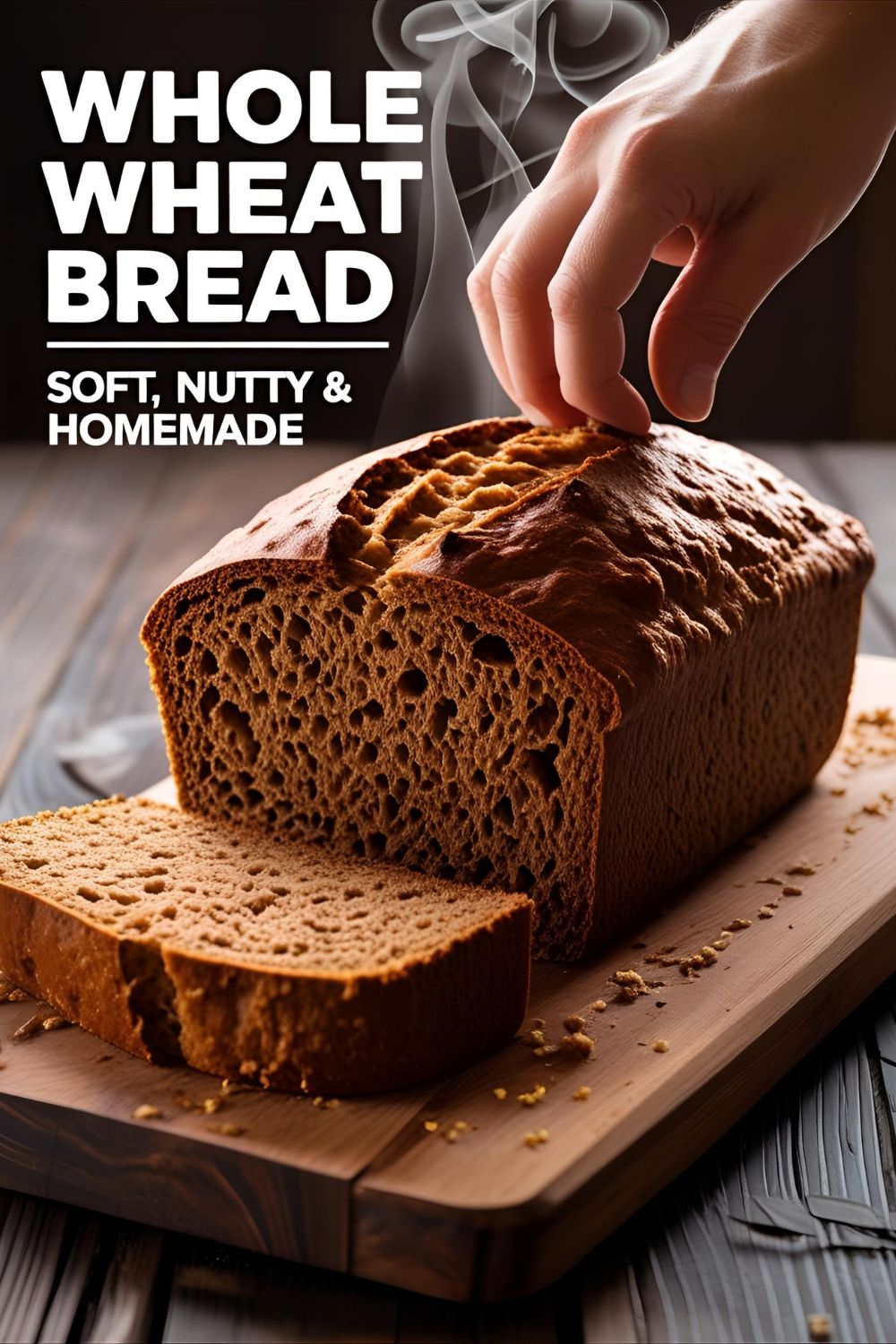 Freshly baked whole wheat bread loaf sliced to show soft, nutty interior.