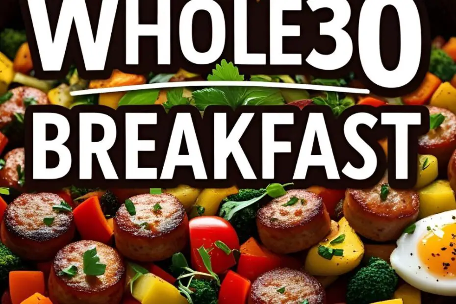 Colorful skillet of Whole30 breakfast with sausage, peppers, zucchini, spinach, and avocado