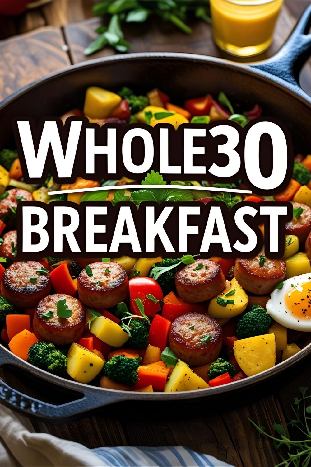 Colorful skillet of Whole30 breakfast with sausage, peppers, zucchini, spinach, and avocado