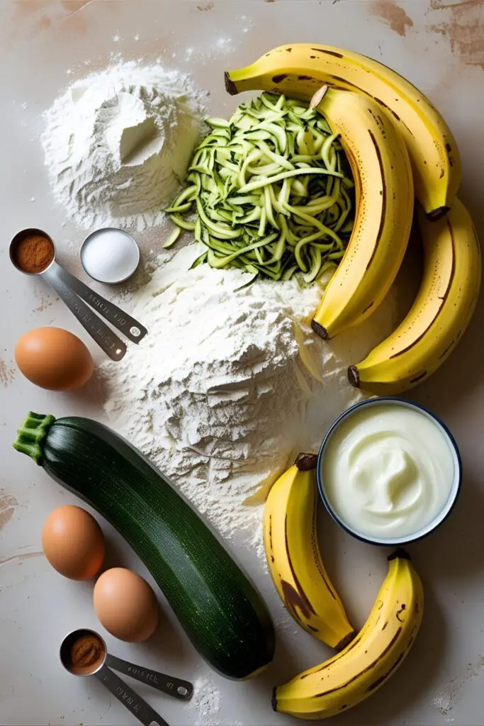 Close-up of zucchini banana bread slice with bits of zucchini and banana.