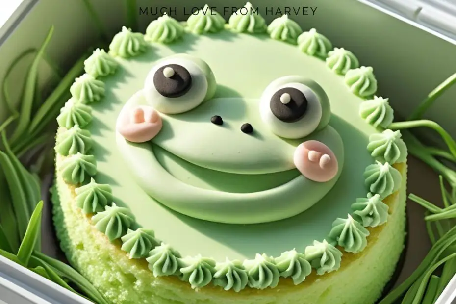 A cute green bento cake with a frog design and the text overlay "Your Guide to the Cutest Bento Cake Lucu"
