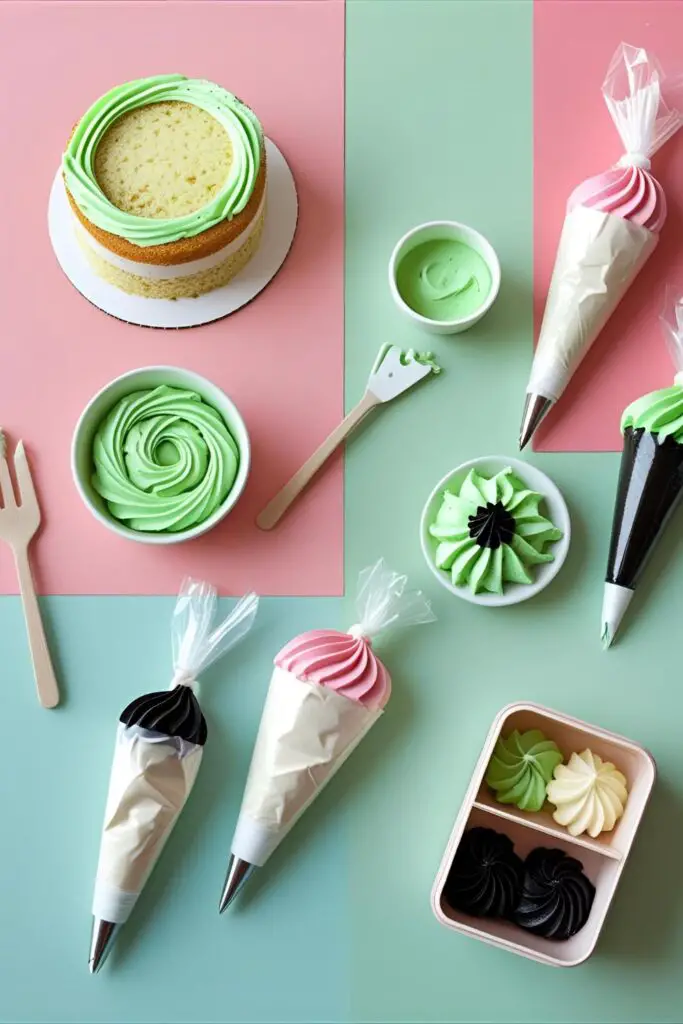  A collage of ingredients and tools for making a bento cake lucu, including green frosting and a bento box