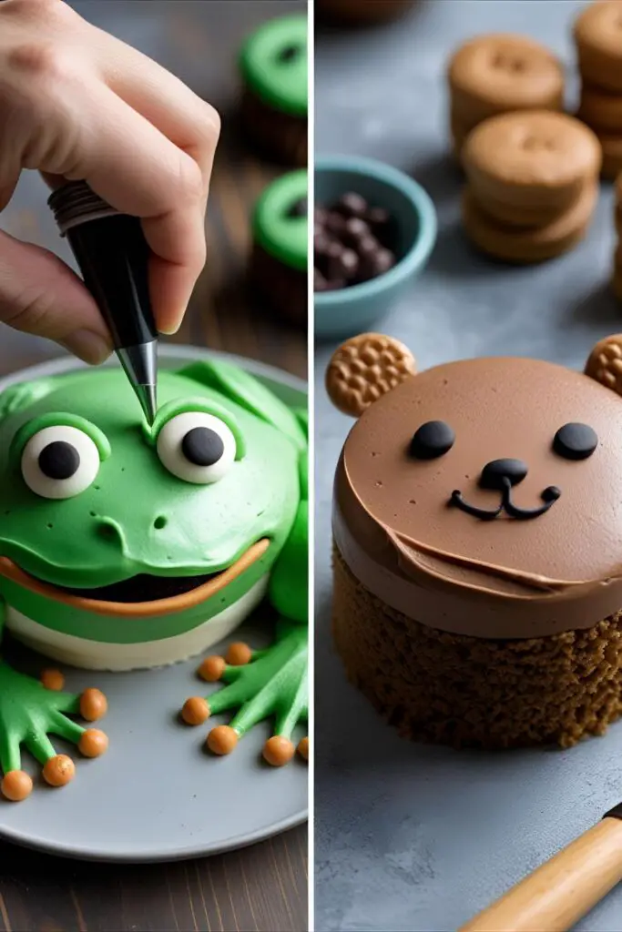 Two images showing the process of piping a frog face on a bento cake and a finished cute bear cake variant.