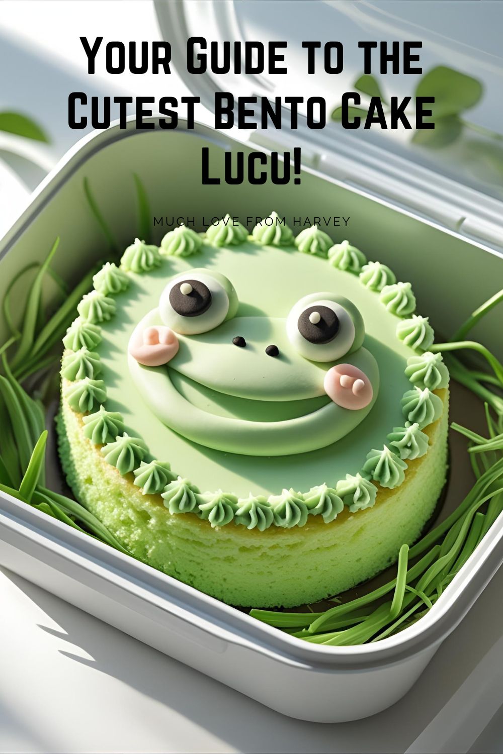 A cute green bento cake with a frog design and the text overlay "Your Guide to the Cutest Bento Cake Lucu"