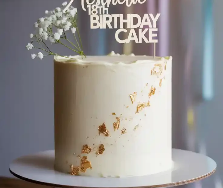 A tall, elegant white 18th birthday cake decorated with gold leaf and baby's breath, with the text "Aesthetic 18th Birthday Cake" overlaid.