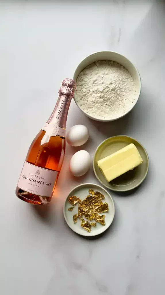 A flat lay of elegant ingredients for an aesthetic birthday cake, including pink champagne, flour, butter, and gold leaf on a marble surface.