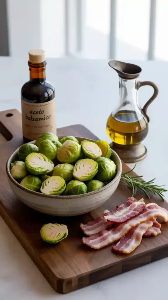 A flat lay image showing ingredients for air fryer brussel sprouts, including fresh sprouts, olive oil, balsamic glaze, and bacon.