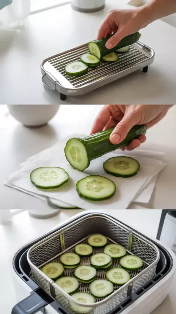 A collage showing the process of making cucumber chips: slicing the cucumber, salting the slices, and arranging them in the air fryer.