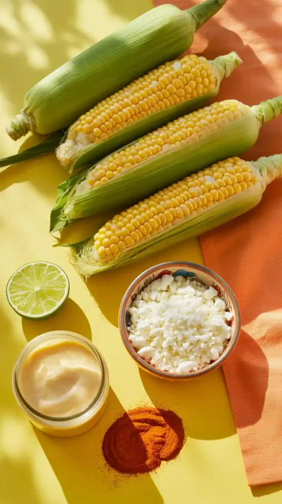 A flat lay collage of ingredients for making Elote-style corn, including corn on the cob, cotija cheese, lime, and chili powder.