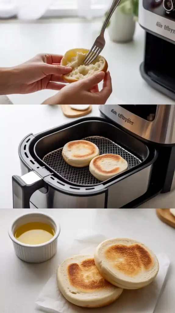 A collage showing the process of toasting an English muffin: splitting it with a fork, placing it in the air fryer, and the final toasted result.