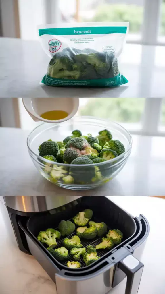 A collage showing the process of cooking frozen broccoli: the bag of broccoli, the seasoning stage, and the broccoli roasting in the air fryer.