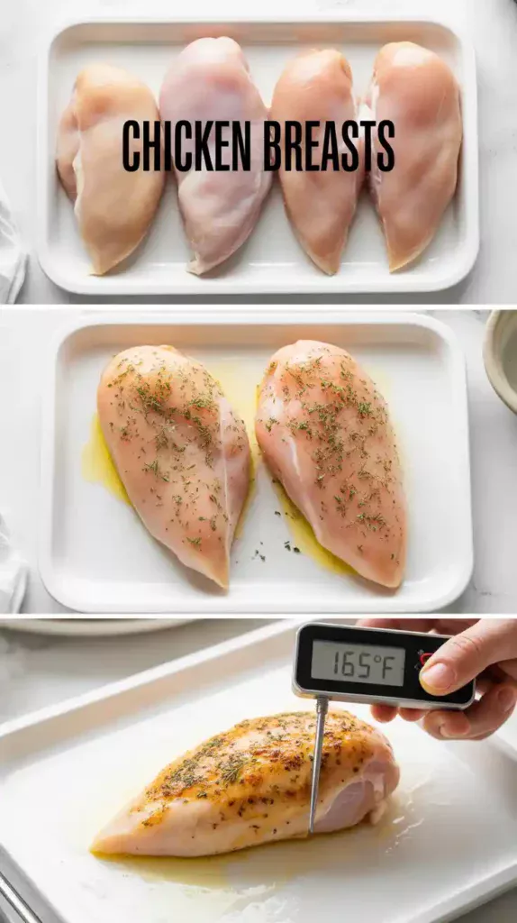 A collage showing the process of cooking frozen chicken: the frozen breasts, the seasoning stage, and checking the final temperature.