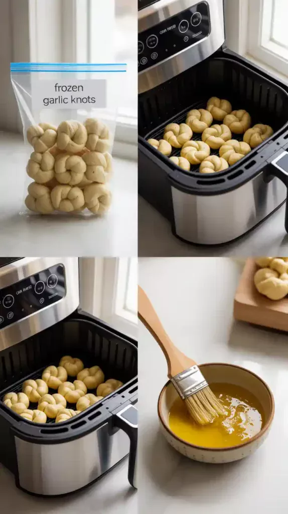 A collage showing the process of cooking frozen garlic knots: the bag of knots, the knots in the air fryer, and a bowl of garlic butter.