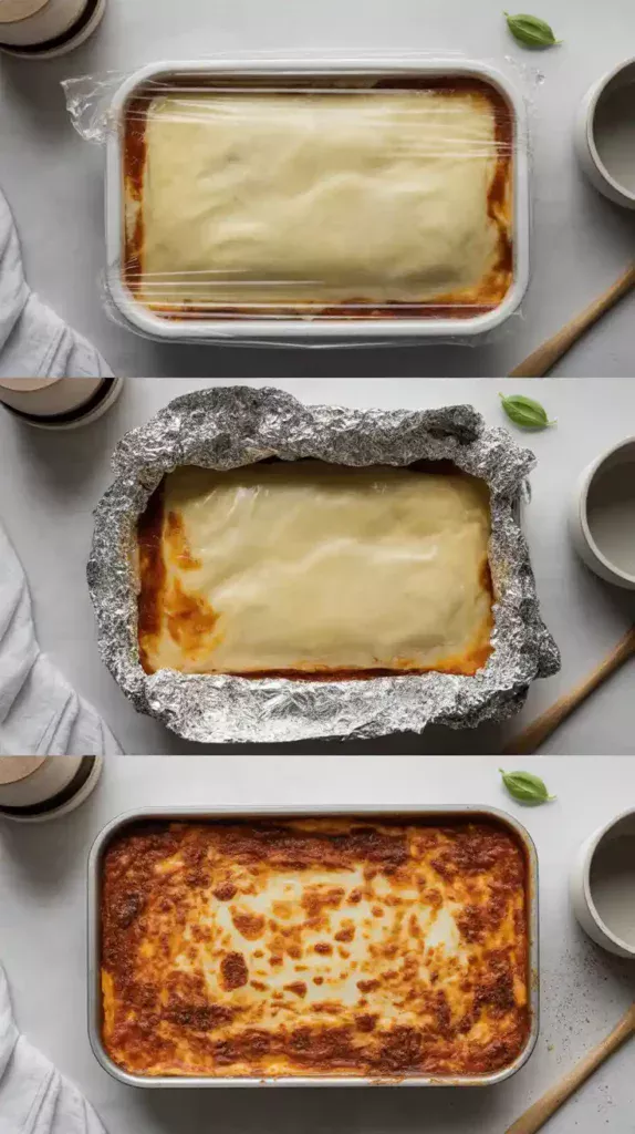 A collage showing the process of cooking frozen lasagna in an air fryer: the frozen lasagna, the foil-covered stage, and the final bubbly product.