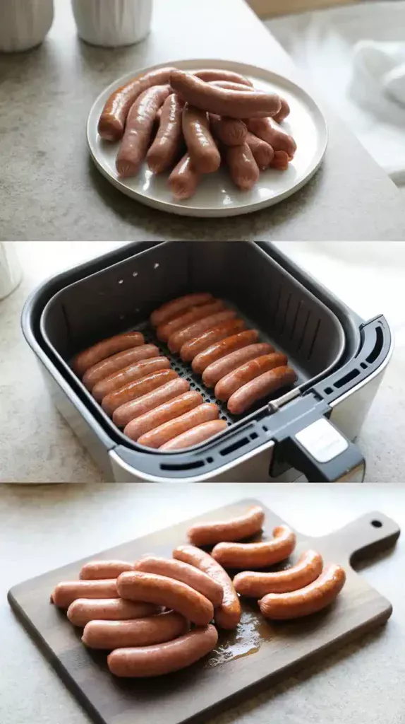 A collage showing the process of cooking frozen sausages: the frozen links and patties, them in the air fryer basket, and the final cooked sausages.