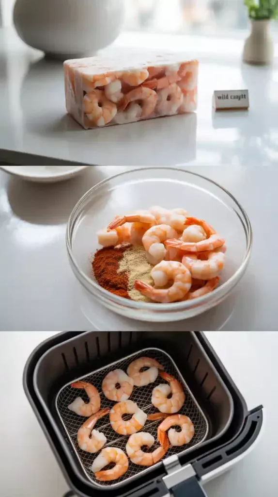  collage showing the process of cooking frozen shrimp in an air fryer: frozen shrimp, seasoned shrimp in a bowl, and seasoned shrimp in the air fryer.