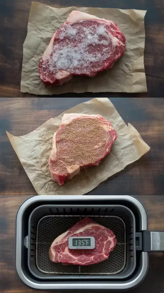 A collage showing the process of cooking a frozen steak in an air fryer: the frozen block, the seasoning stage, and the final temperature check.